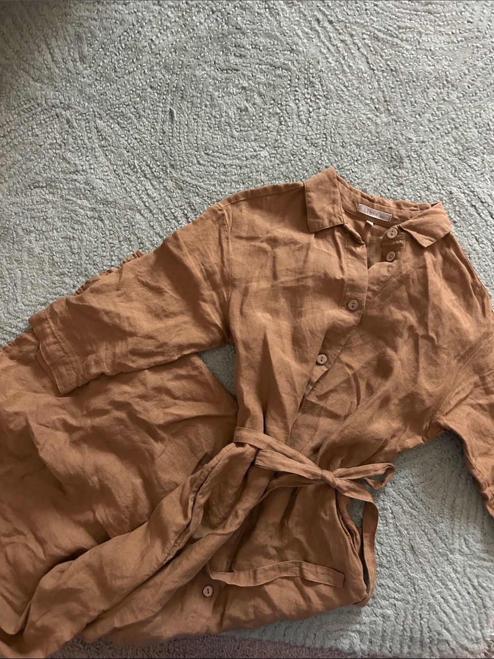 Button-Front Tie-Waist Shirt Dress Linen Golden Brown